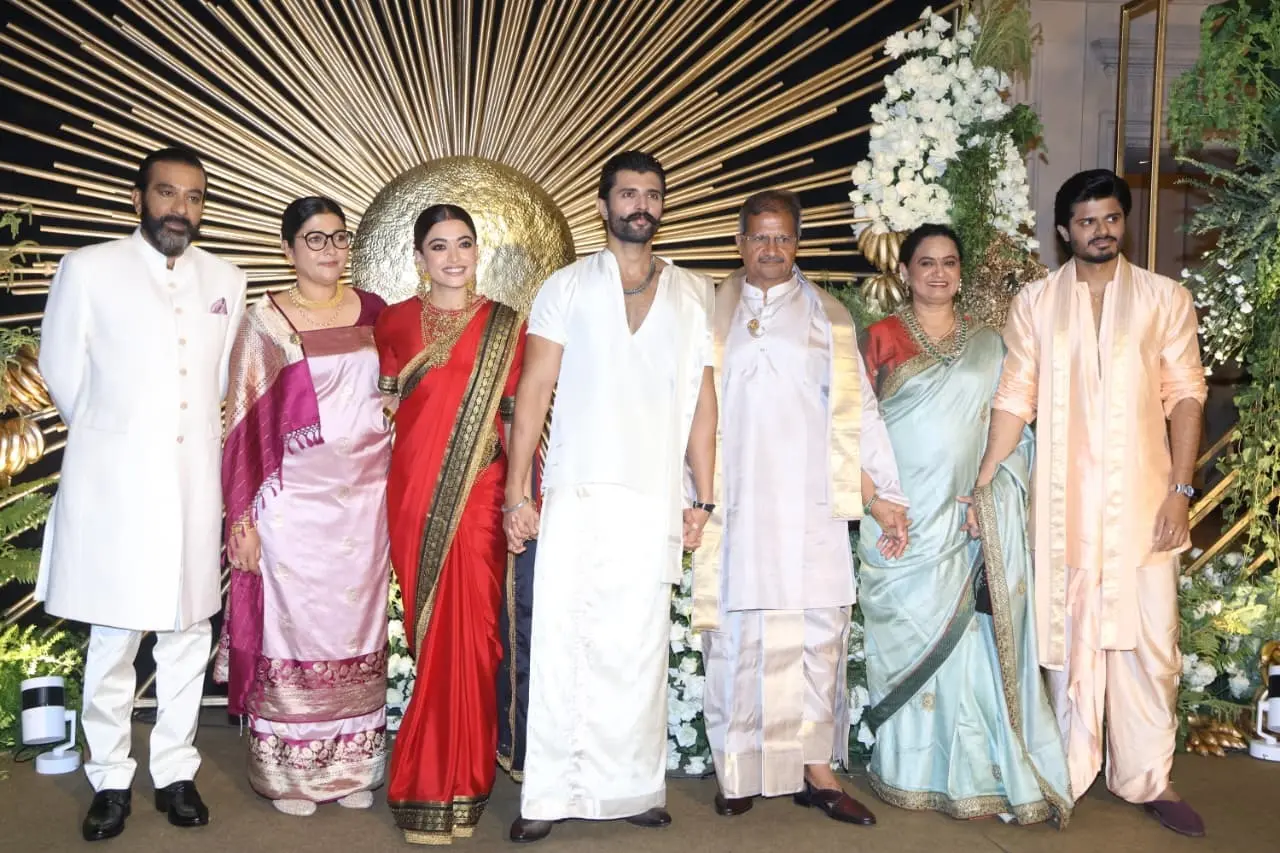 Rashmika Mandanna and Vijay Deverakonda arrived for their Hyderabad reception with their families. They beamed with joy and looked every bit regal.